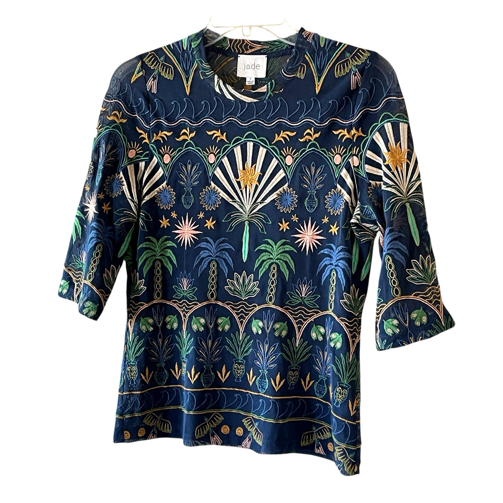 JADE by JOHNNY WAS Size Small Kaia Mesh Navy Del Mar Embroidered PulloverTop - Picture 13 of 13
